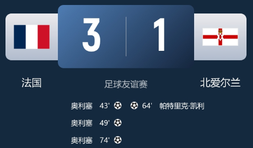 2026美加墨世界杯 友谊赛-法国3-1北爱尔兰 奥利塞戴帽姆巴佩失良机+进球被