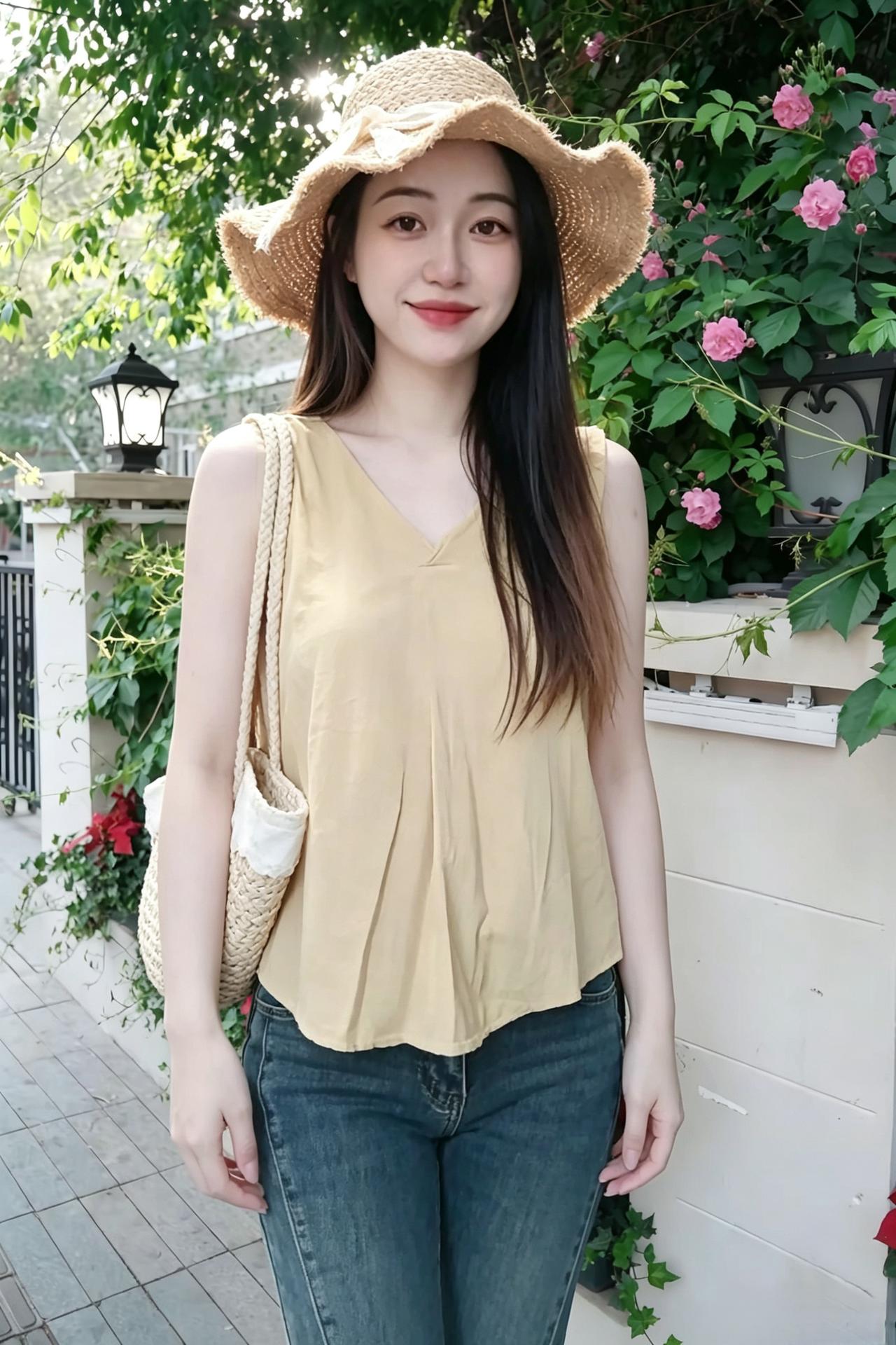 草编新帽趁晴光，素袂轻扬过短墙。
笑对蔷薇花下立，清风为我送余香。