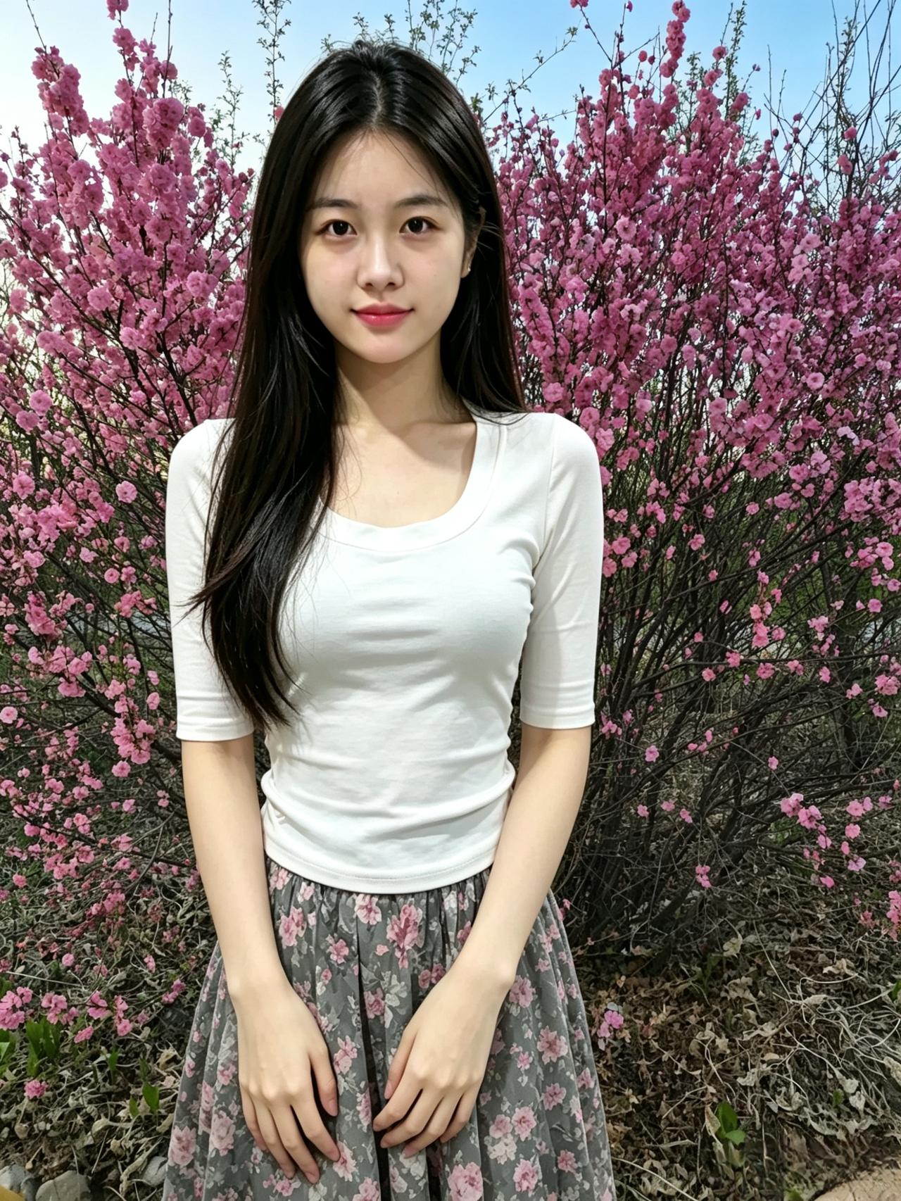 林野生新色，花开遍浅冈。
白衣凝皎月，花裙染轻香。
顾盼神如玉，行止态如芳。
几