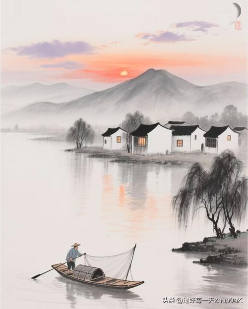 《双井院前小立》
——元末明初·倪瓒
山色微茫好放船，
秋渠野水夕阳边。
西风更