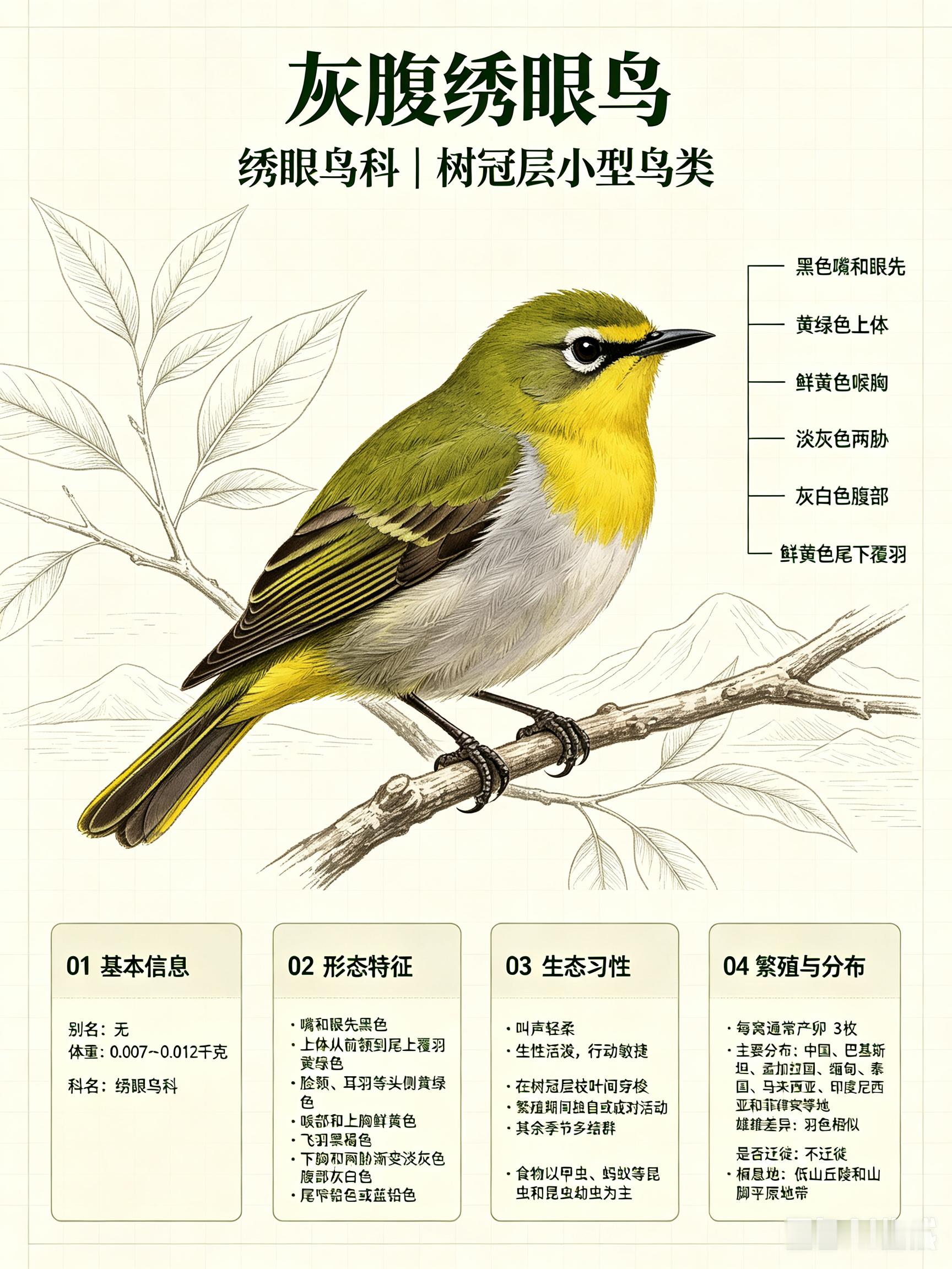 鸟类朋友图鉴 灰腹绣眼鸟科名：绣眼鸟科体重：0.007～0.012千克别名：无灰