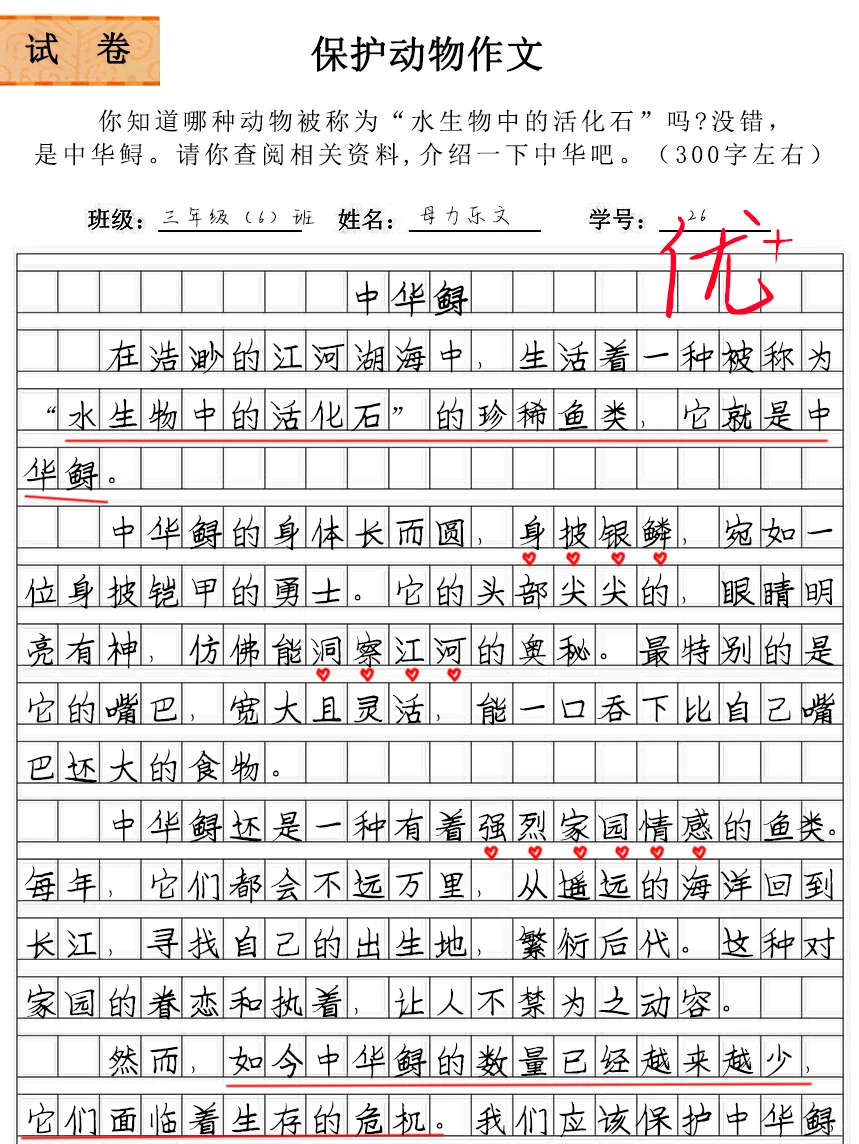 三下优秀作文《中华鲟》保护动物优秀范文