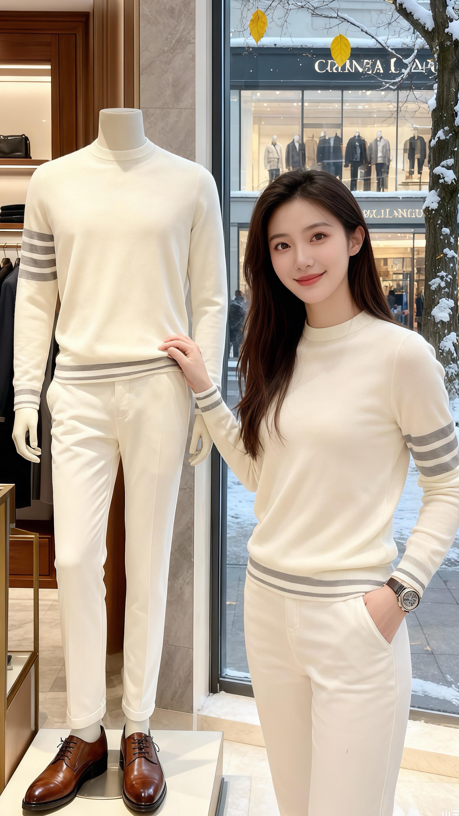 雪粒扑在男装店的玻璃橱窗时，许妍正指尖翻着时尚杂志——米白针织衫的灰条...