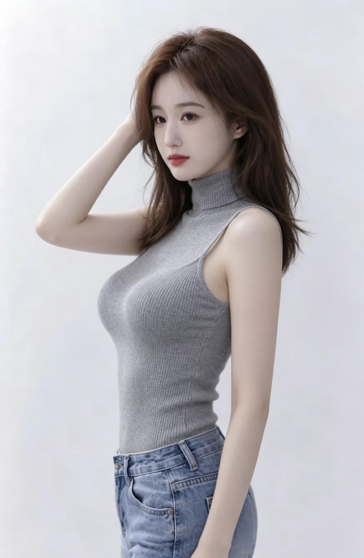 温柔甜美的少女，灰色高领毛衣搭配牛仔裤，简约又时尚。
