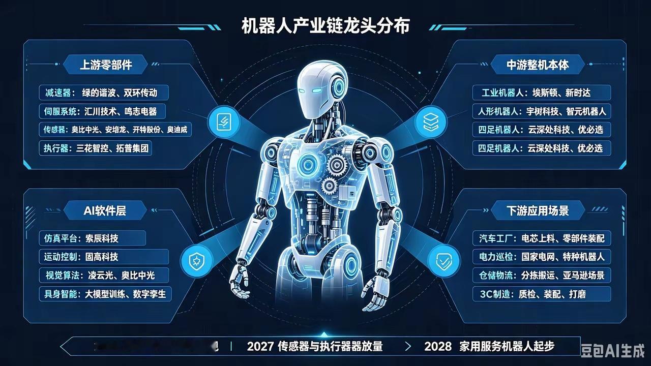 你觉得机器人概念股有潜力吗本图以人形‑工业机器人为核心，划分四大产业链板块：上游