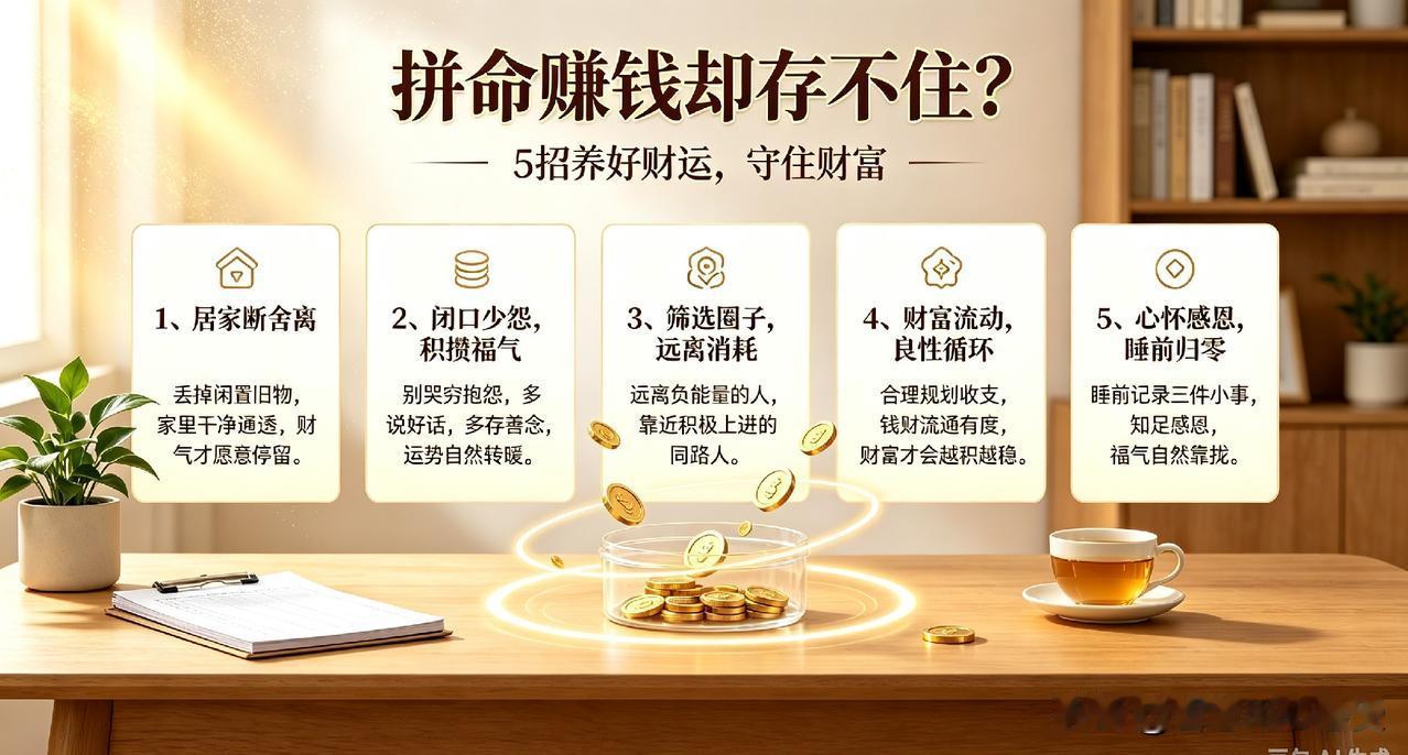 拼命赚钱却存不住？5招养好财运，守住财富
 
很多人都疑惑：明明很努力搞钱，却始