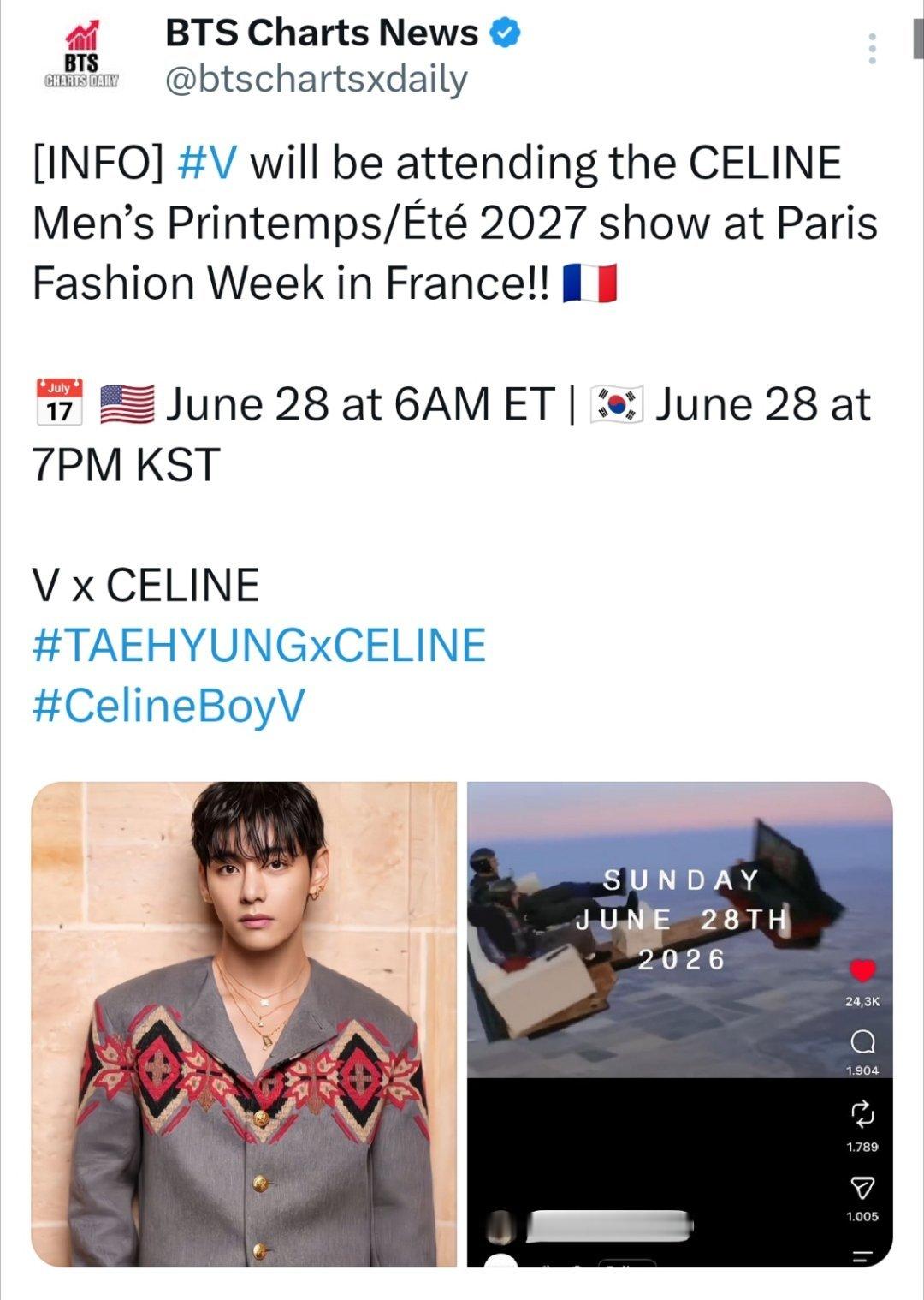 卧槽啊啊啊啊巴黎泰我们来了【消息】V 将出席法国巴黎时装周CELINE 2027