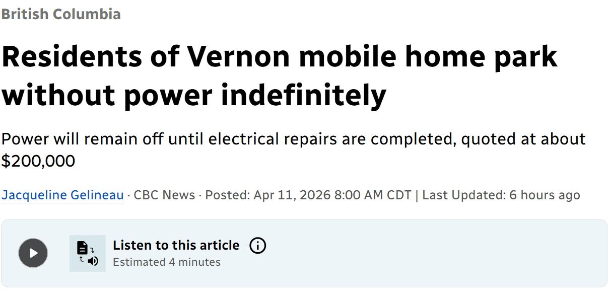 加拿大社区因无力承担电力系统维护费用，被无限期断电
当地时间周五，加拿大BC省弗