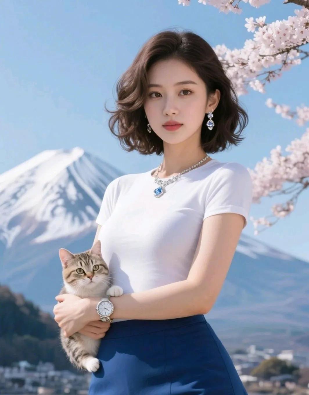 樱花树下，富士山旁，温柔猫抱，唯美瞬间。