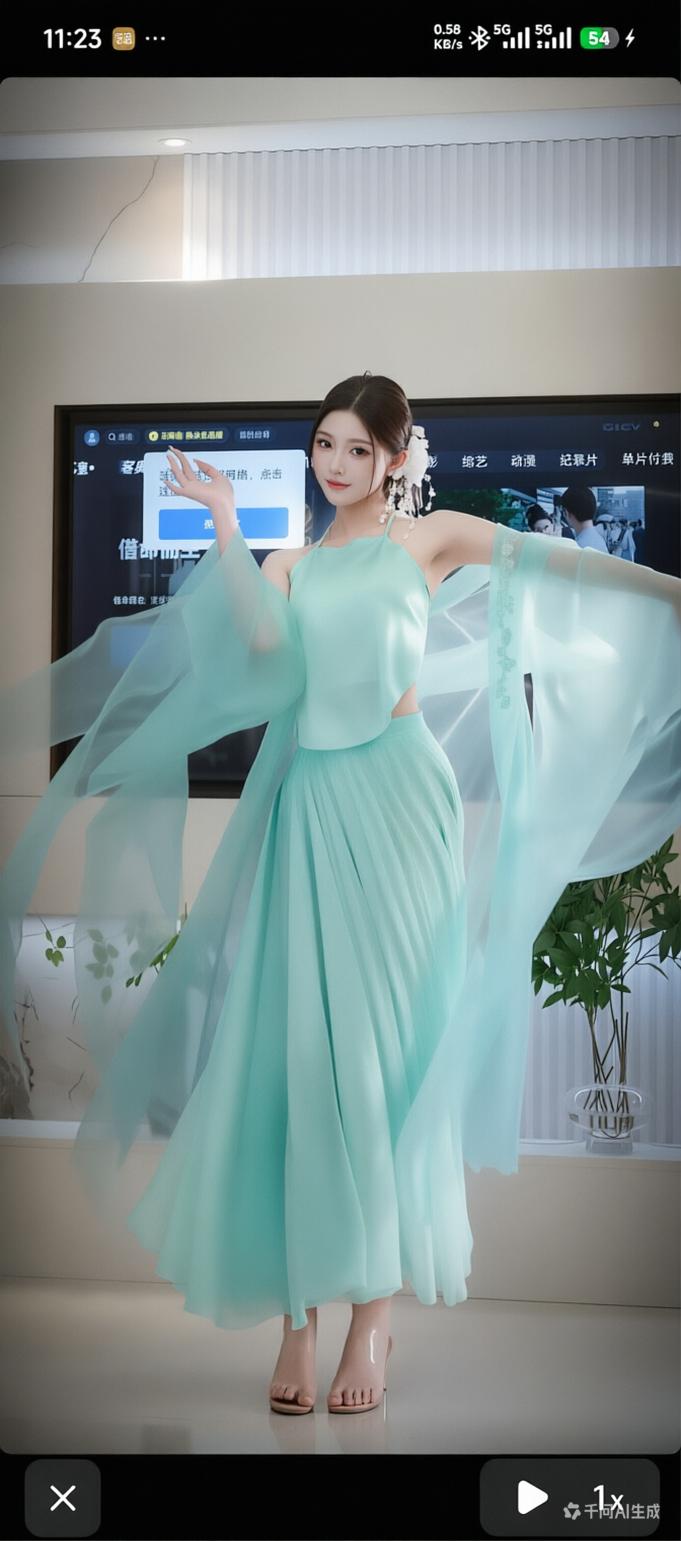 一句话记录春日心情 穿浅绿色长裙，摆姿势拍照。