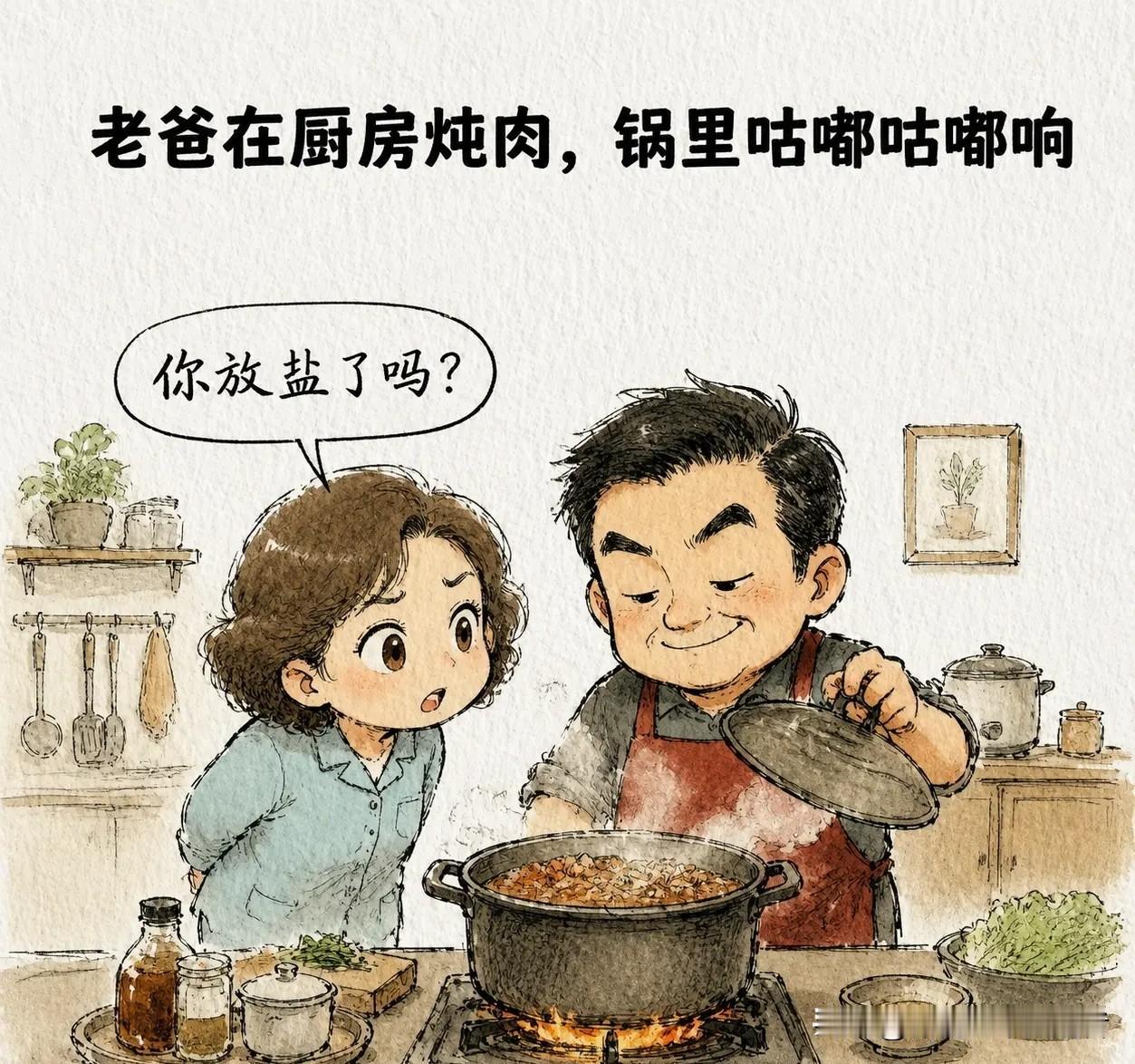 趣味漫画：老爸在厨房炖肉，锅里咕嘟咕嘟响。老妈问：「你放盐了吗？」老爸得意地说：