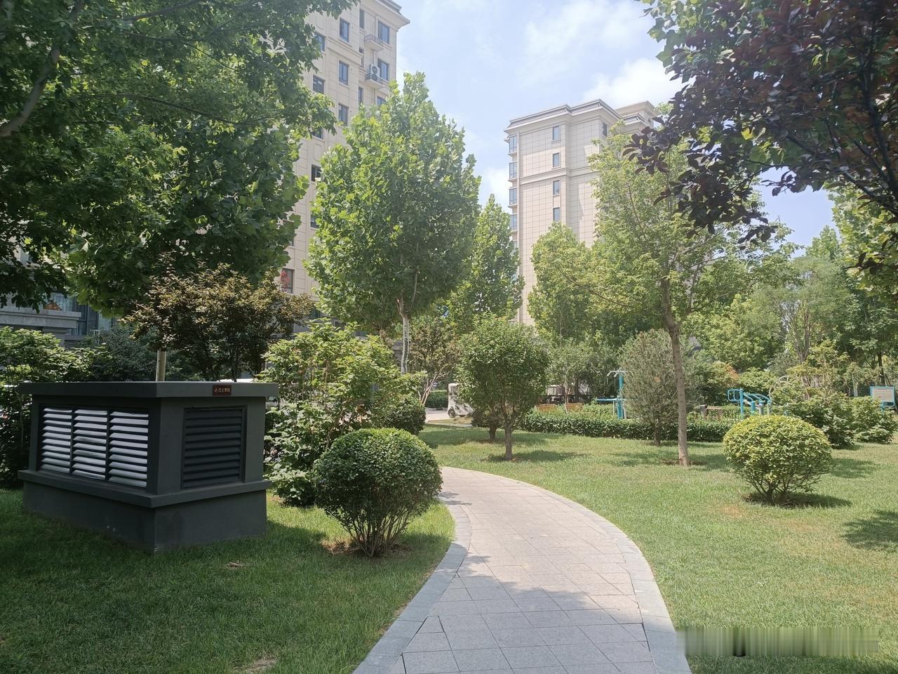 寻常小区风景
——晴日微风，林荫铺满地，蜿蜒步道穿过青草绿树，高楼静立在层层枝叶