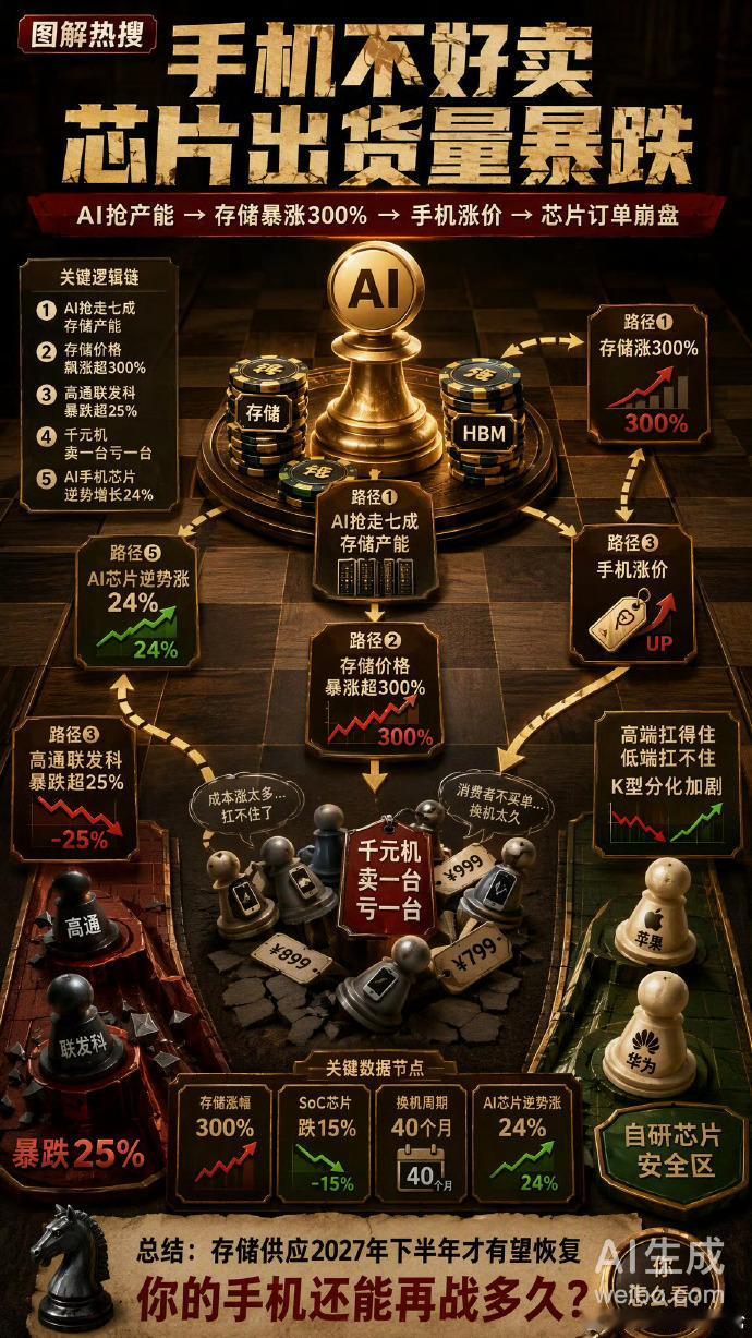 很多人把手机销量下滑、行业遇冷，归咎于消费降级、存储涨价、大家没钱了。
其实这都