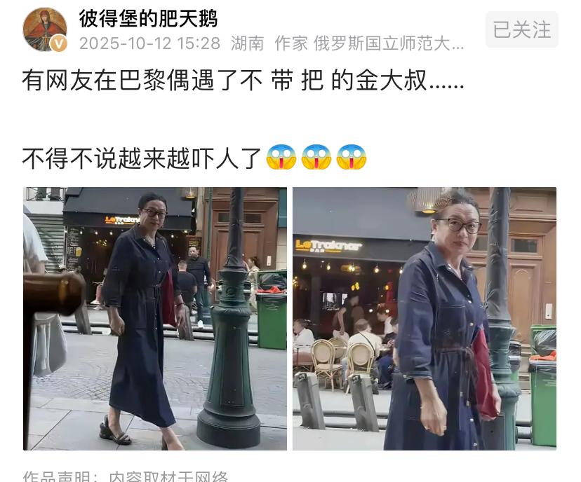金大叔是谁？在巴黎大街上溜达，满脸横肉，身子骨与手像男的，脸盘像女的，脖子好粗呀