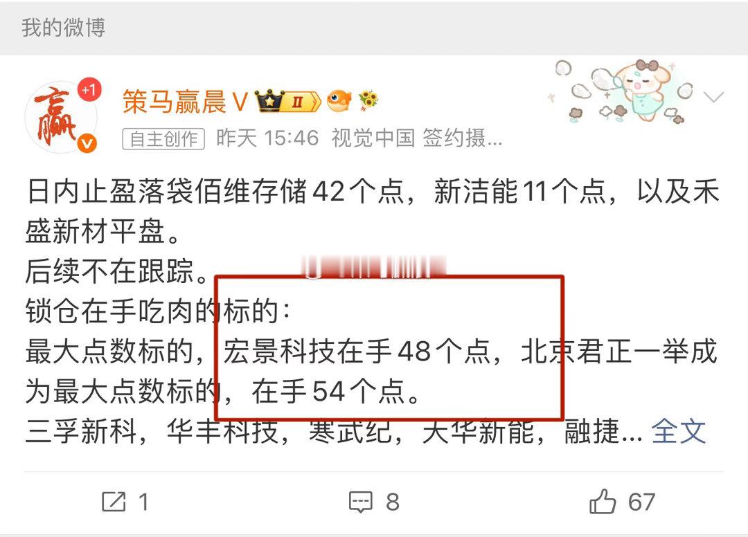 宏景科技落袋止盈42个点，老马后续不在跟踪。 白纸黑字跟踪记录，所有玩家共鉴。 