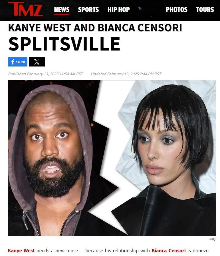 Kanye和比安卡分手  TMZ报道，Kanye West 和比安卡Bianca