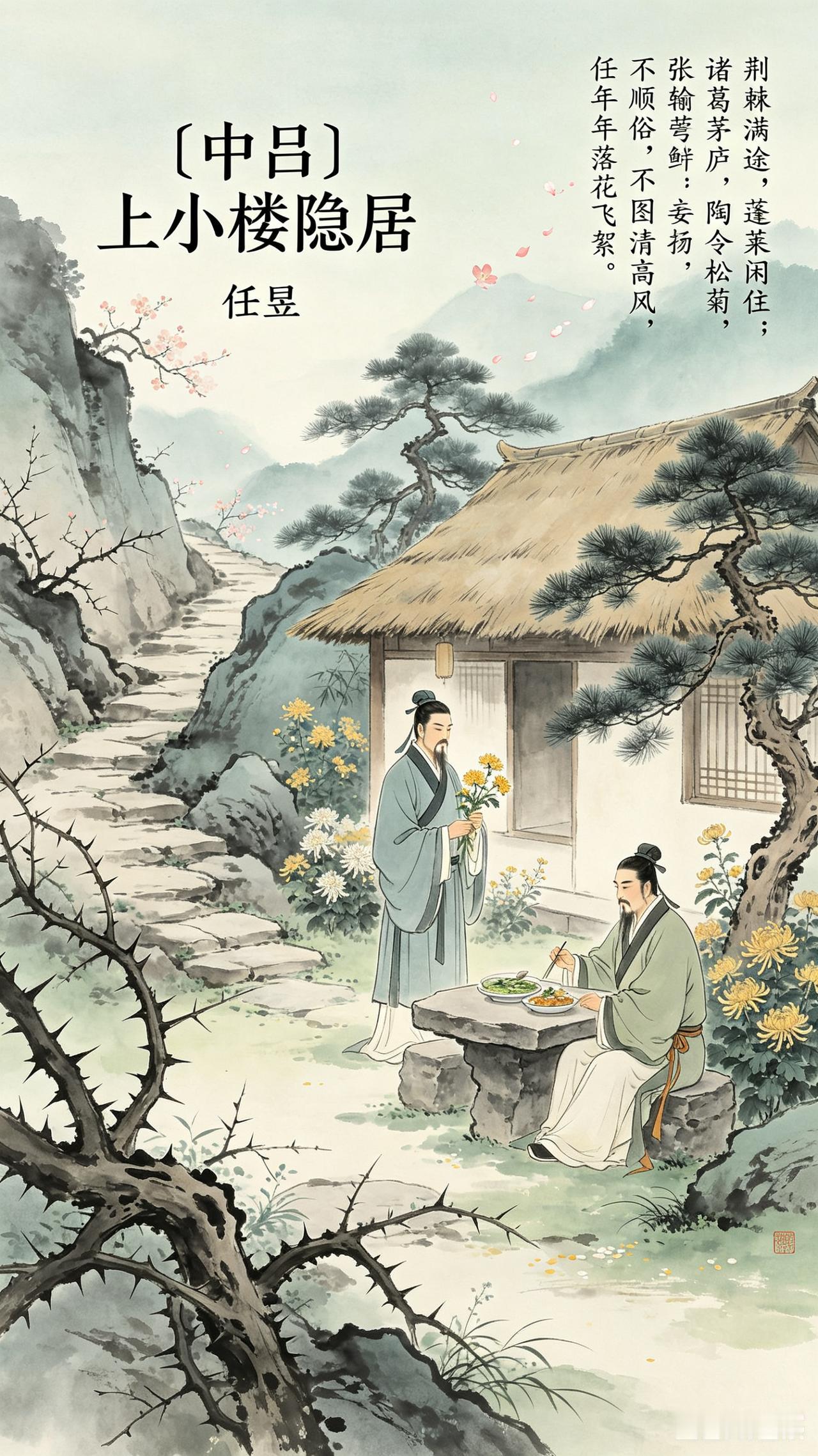 《中吕》上小楼隐居，任昱。
荆棘满途
蓬莱闲住。
诸葛茅庐，
陶令松菊，
张翰莼