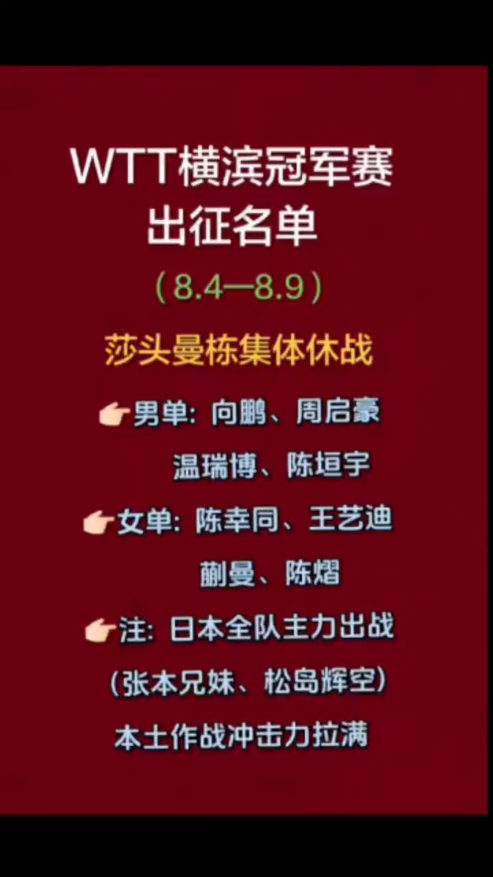 WTT横滨冠军赛出征名单(8.4-8.9)。
莎头曼栋集体休战。男单：向鹏、周启
