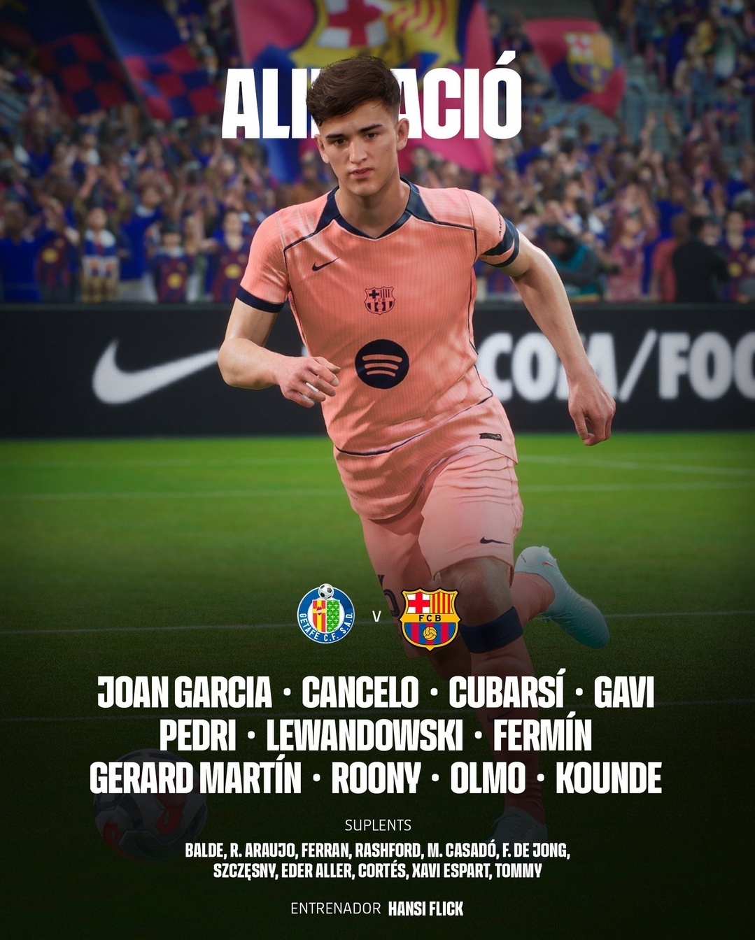 巴萨首发：13-霍安·加西亚、2-坎塞洛、5-库巴西、18-赫拉德·马丁、23-