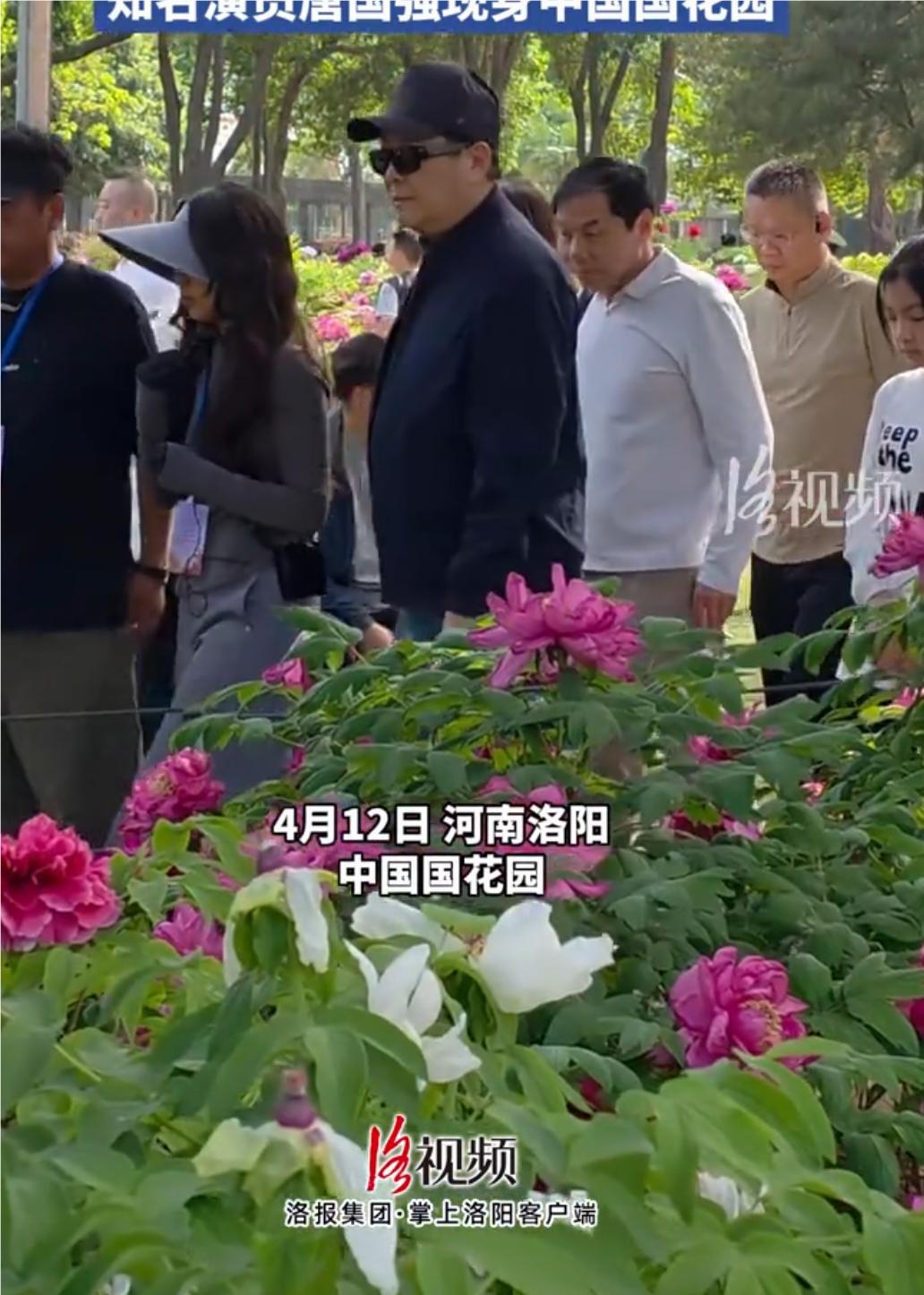 唐国强4月12日，显身洛阳中国花园，与游客一同欣赏牡丹的芳容。唐国强穿着深蓝色夹