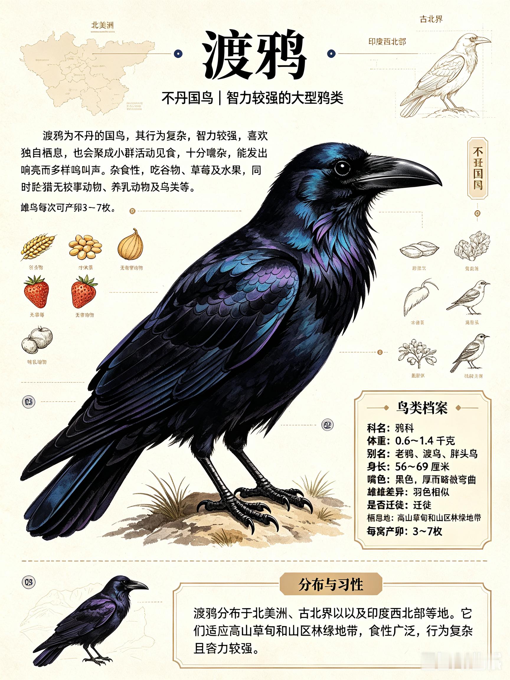 鸟类朋友图鉴 渡鸦科名：鸦科体重：0.6～1.4千克别名：老鸹、渡鸟、胖头鸟渡鸦