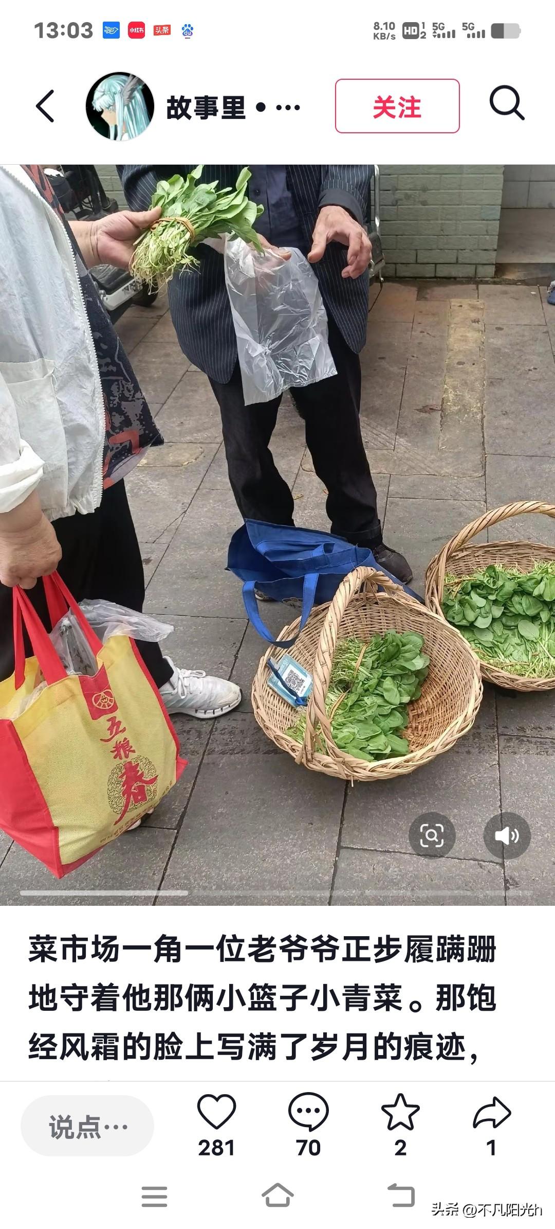 今天下午去菜市场，看到一位大爷蹲在摊位前的小马扎上，摆着一筐自家种的青菜。我走过