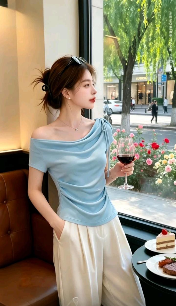 这位女士在窗边享受红酒和甜点。分享小野花的照片 野花自拍 野花氛围感大片 玫瑰窗