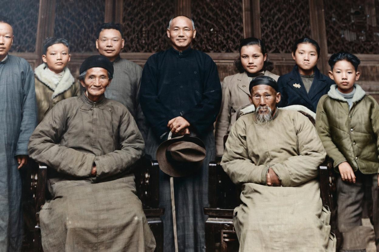 1949年春，蒋介石离开大陆前，在浙江奉化溪口老家与舅父母合影。
端坐的两位长者