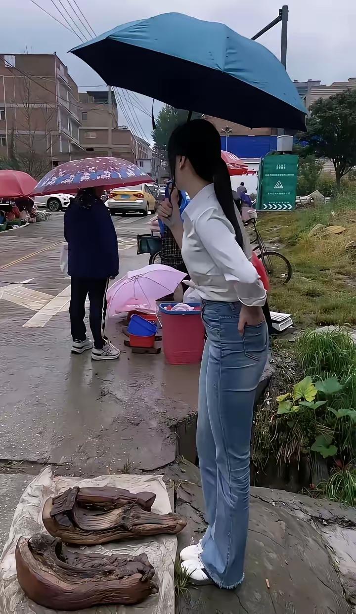 女孩站在这里已经有半个小时了！她跟前的腊肉依然无人问津！这时又下起了小雨，女孩撑