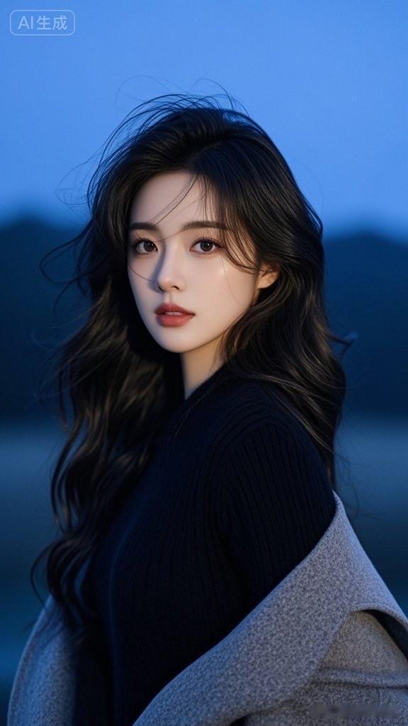 这位美女穿着毛衣，披着外套，看着镜头。