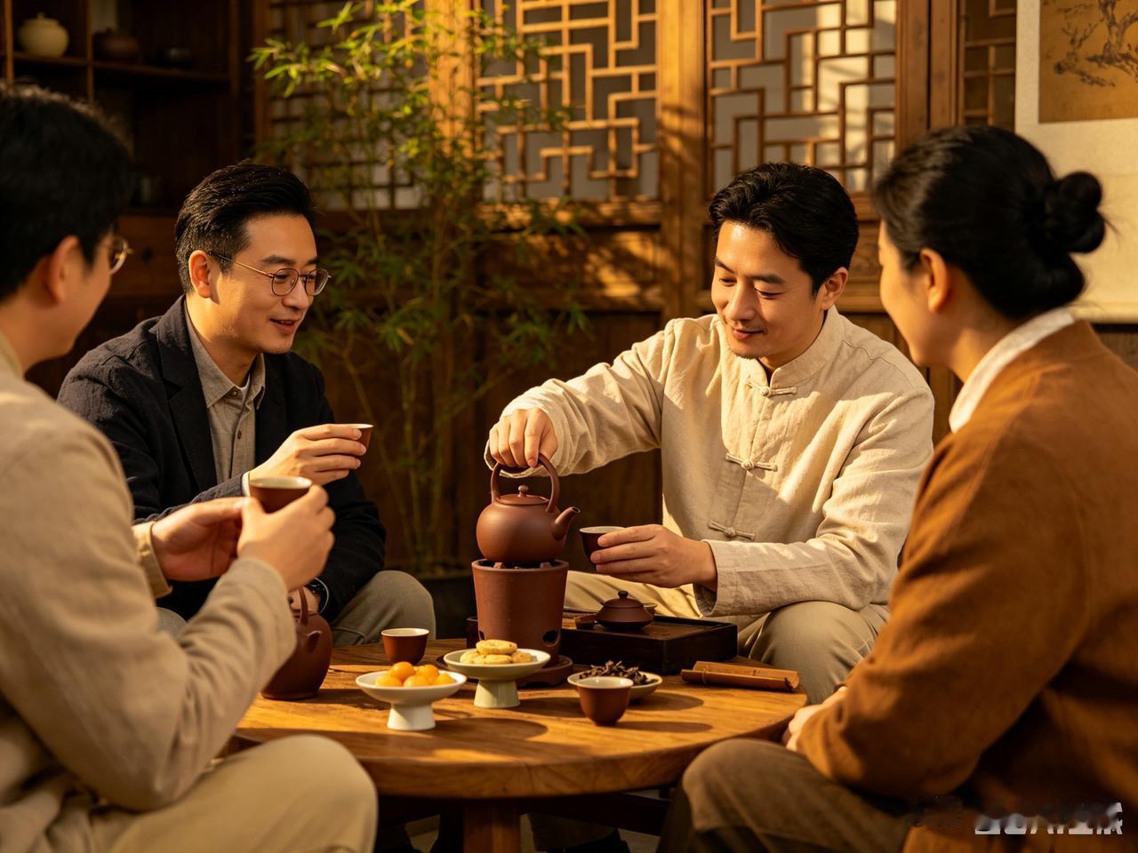 阳光洒进茶馆，朋友相聚品茶话家常。