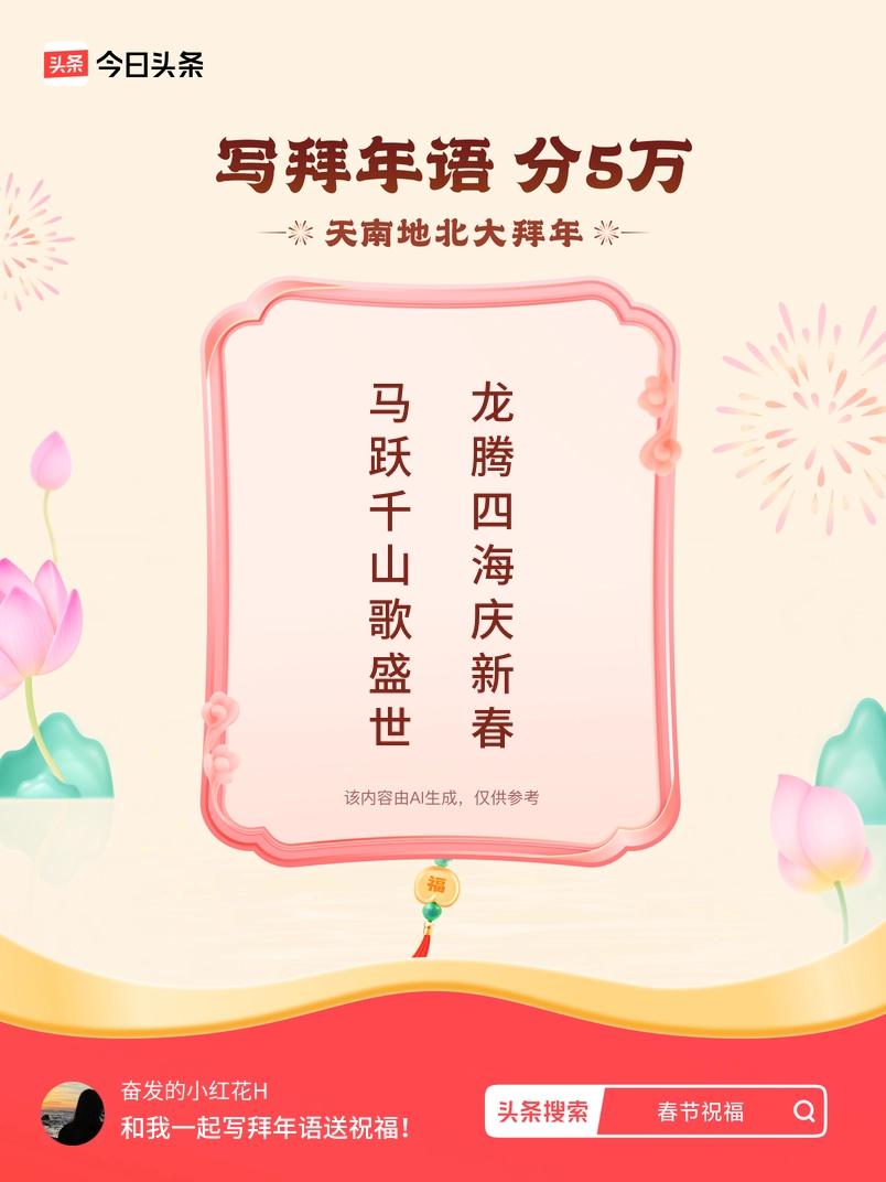 写拜年语送祝福新春拜年送祝福！我的祝福是：“马跃千山歌盛世，龙腾四海庆新春”！快