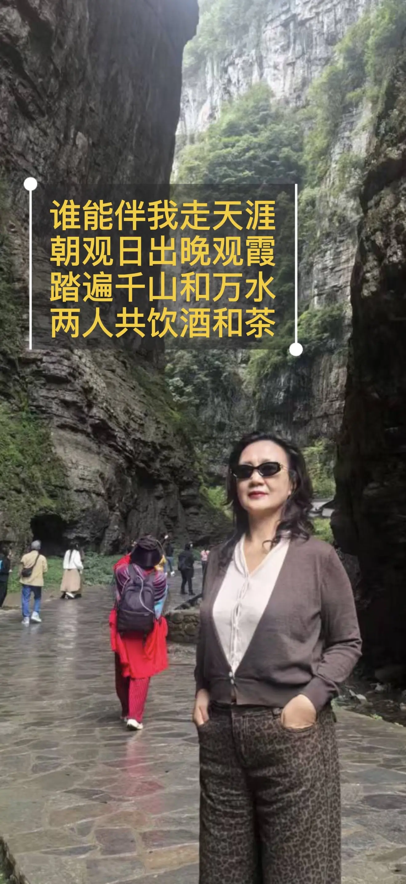 谁能伴我走天涯。朝观日出晚观霞 踏遍千山和万水 两人共饮酒和茶