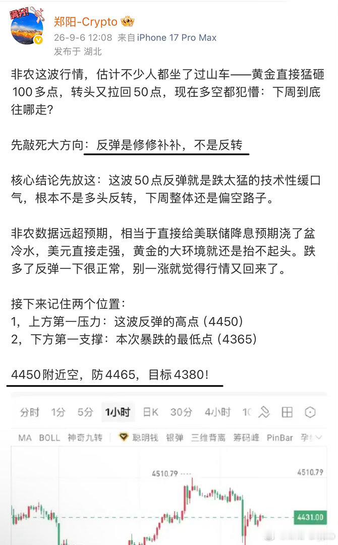 开盘就跌，连反弹的力度都没有，4450没进去，但私下4430在进，止在4390，