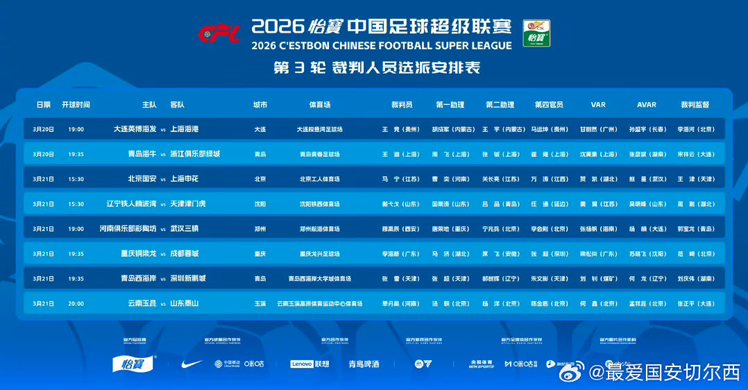 【中超第3轮 国安 VS 上海申花 裁判信息】  国安联赛第三轮主场同上海申花的