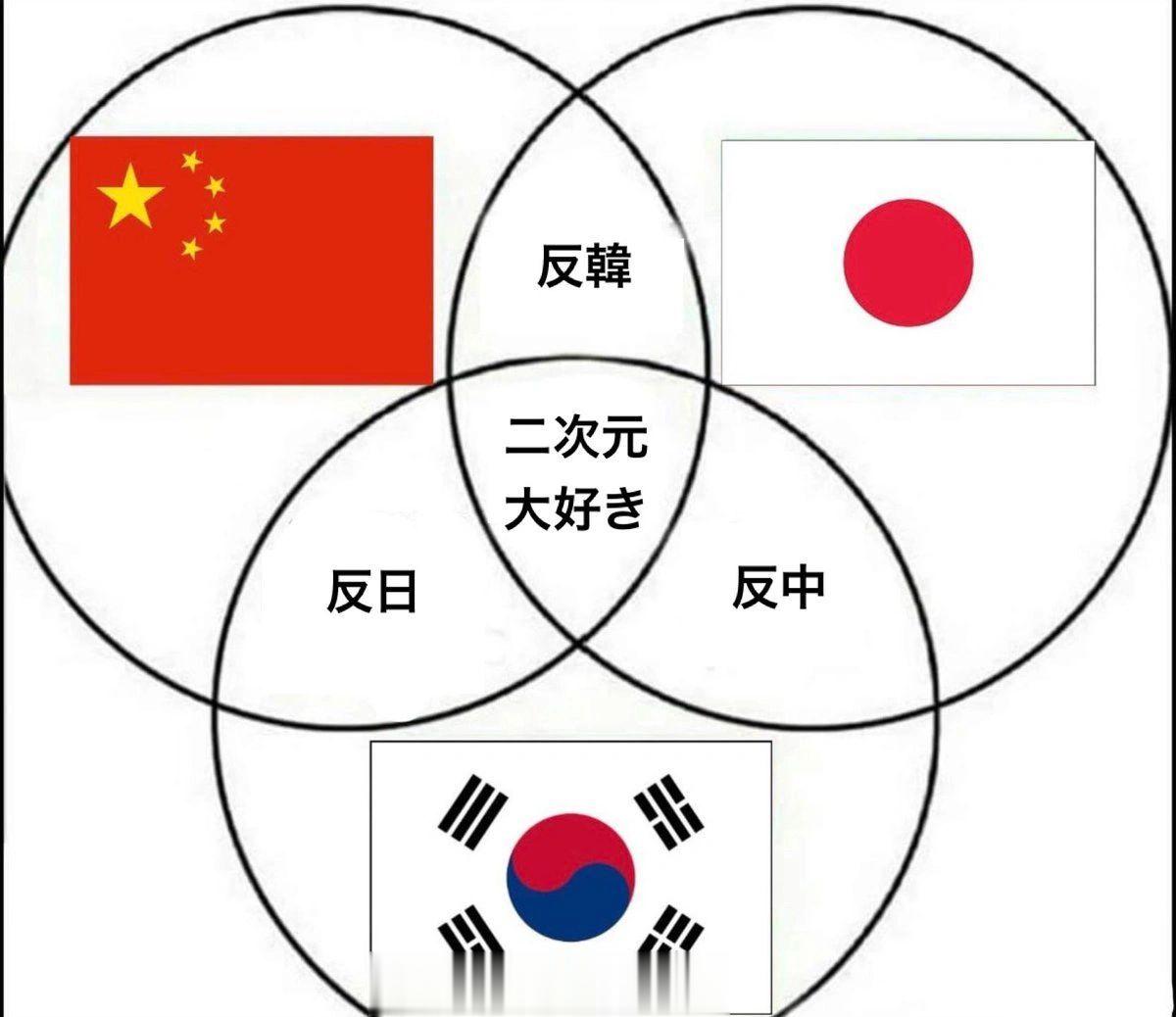 中日韩关系图，东亚和平靠二次元维系…😂 ​​​