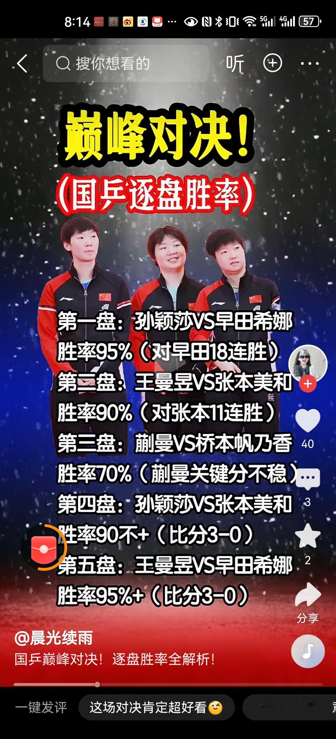 这一次中国乒乓女团在伦敦决赛，如果成功的话，将连续蝉联第6届团体冠军。祝福孙颖莎