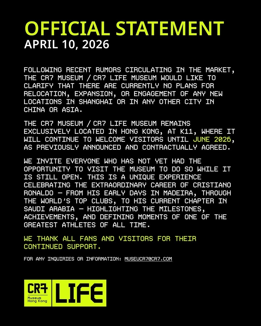 澄清上海C罗博物馆 🛑 4月2日，上海市文化和旅游局在官网公开了“关于同意举办