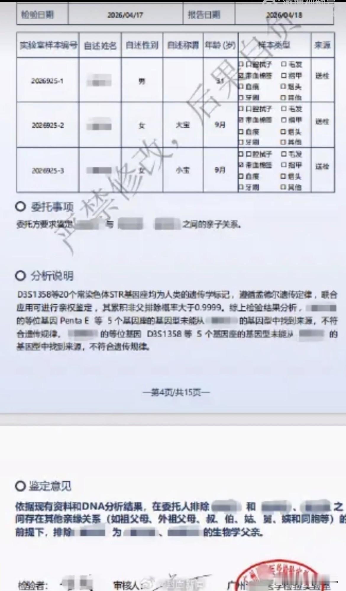 四份亲子鉴定。

三个女儿。没有一个是他亲生的。

一般人做一次就知道结果了，最