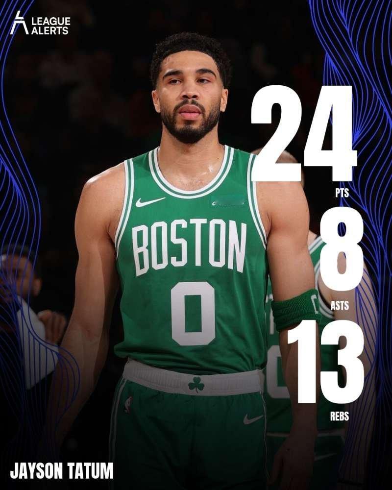 去年惨痛的受伤后第一次来到纽约麦迪逊花园，塔图姆出战39分钟，22投7中得到24