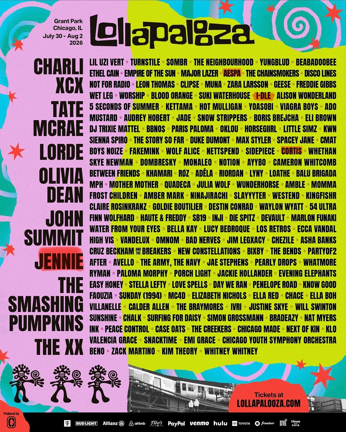2026 Lollapalooza出演阵容公开（JENNIE，aespa，I-D