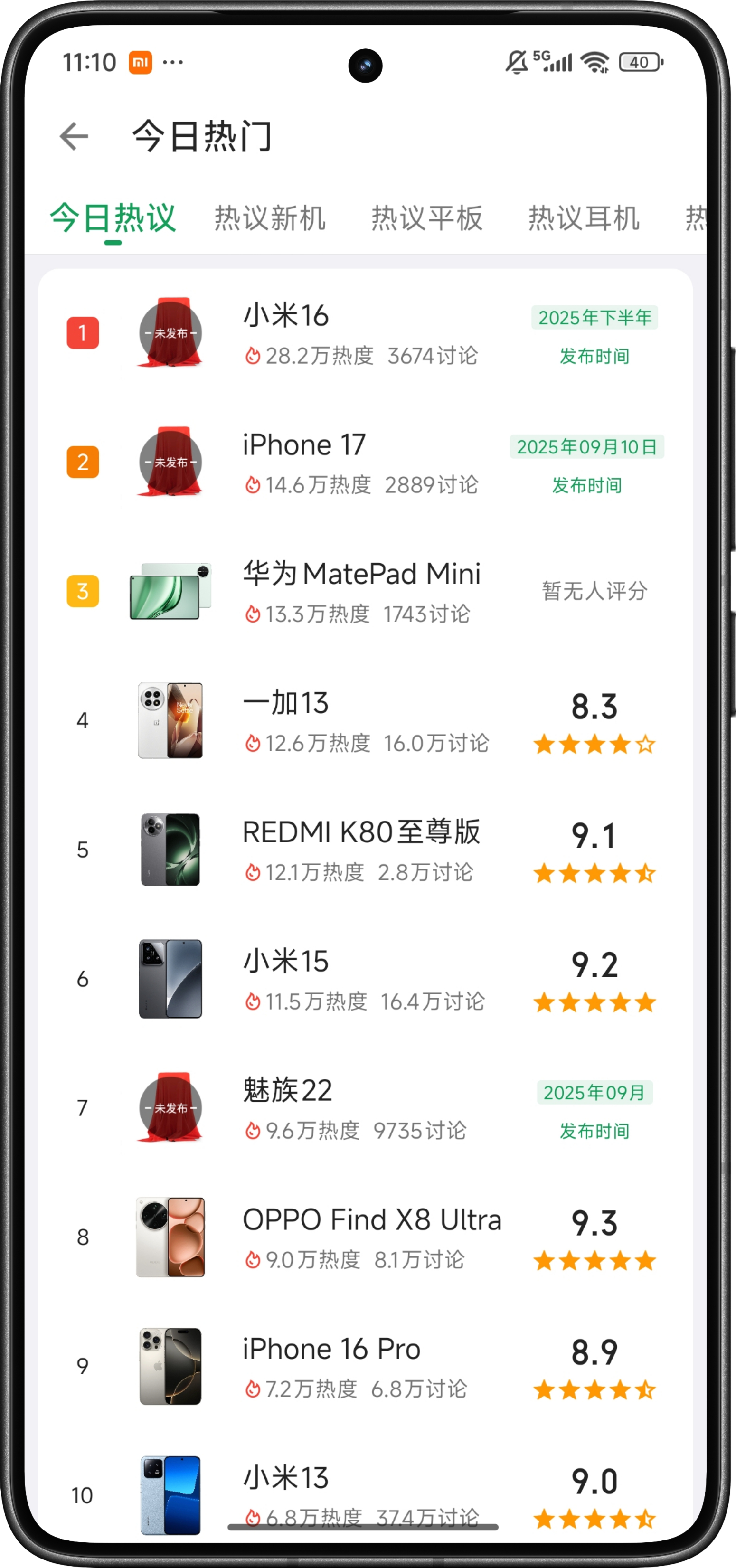 酷安今日热度机型榜!小米16第一，iPhone17第二，华为MatePad Mi