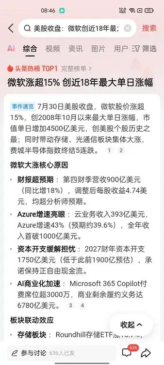 一觉醒来！微软股价暴涨15%！市值增4500亿美元！就在7月30号美股收盘，美国