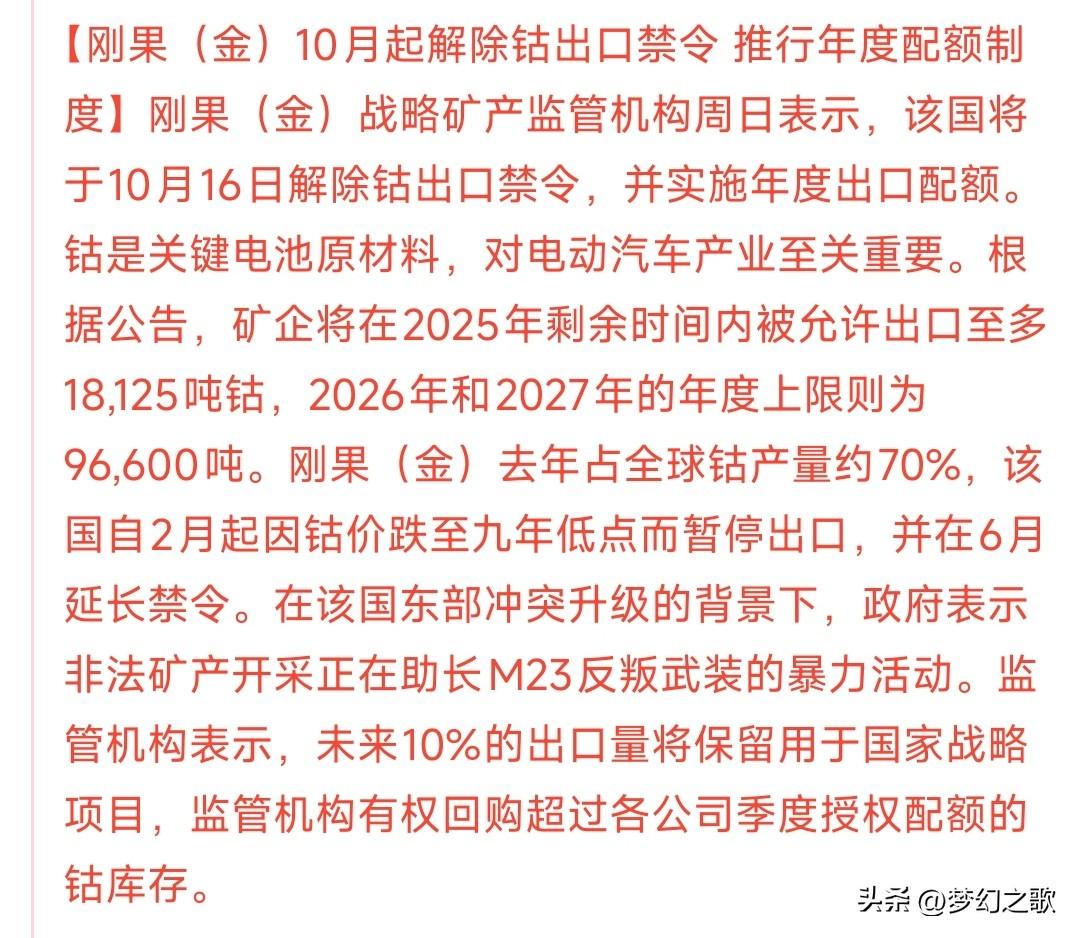 A股还没开盘，资本市场就被投下了一个重磅炸弹
刚果金宣布钴出口禁令，要知道刚果金