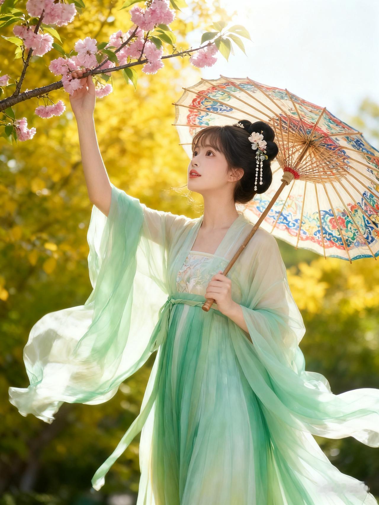 在那繁花似锦的树下，一位身着汉服的姑娘宛如从画中走来。她的汉服色彩艳丽，裙摆随风