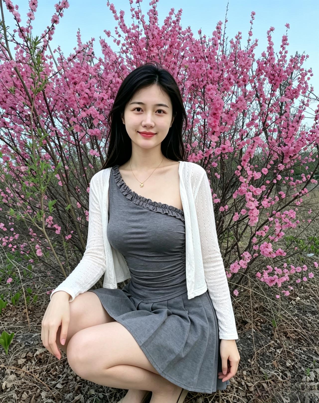你蹲在盛放的花簇前
风轻轻揉软了傍晚的光
灰裙轻摆，白衫微凉
所有盛开的嫣红
都