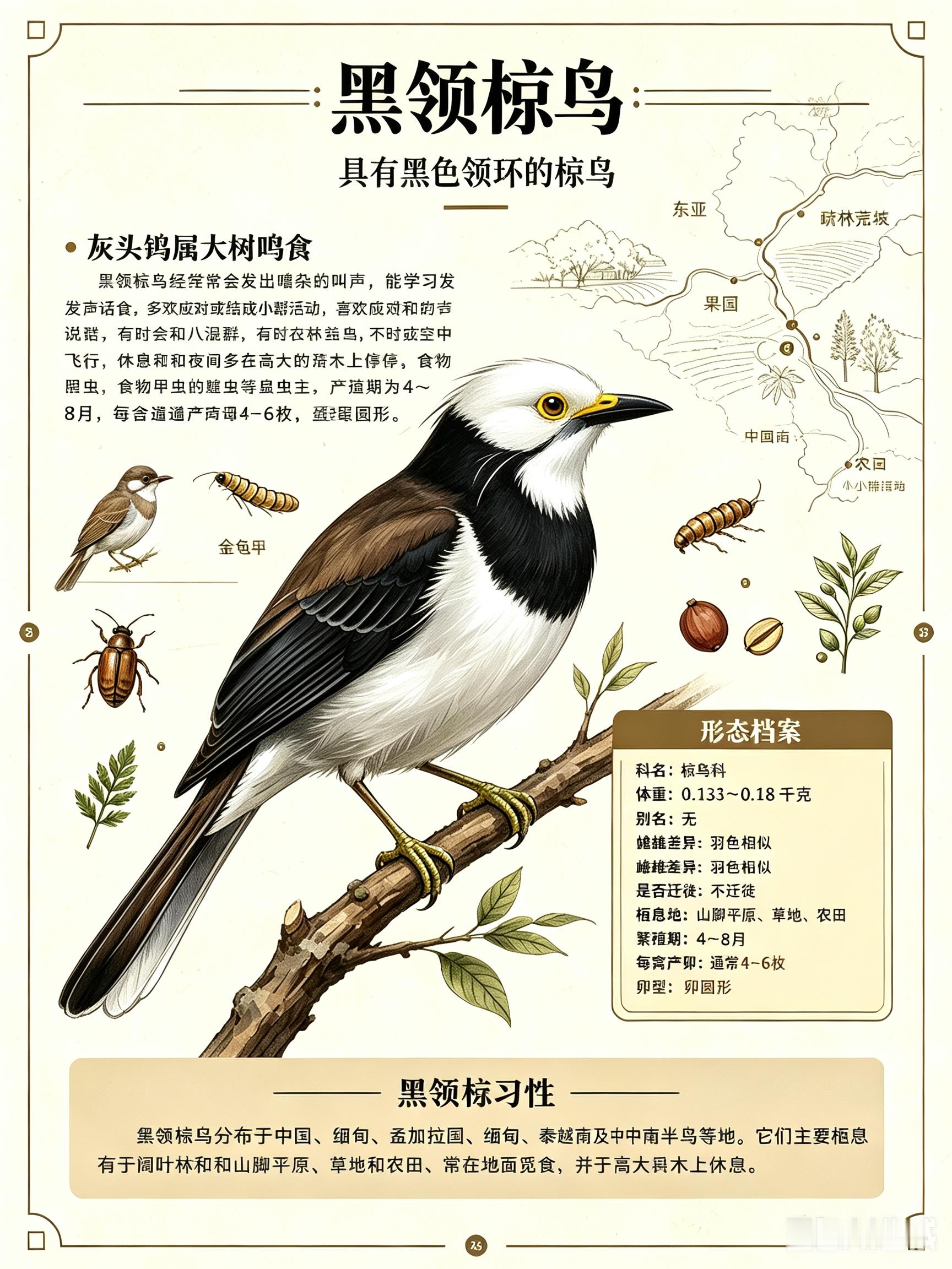 鸟类朋友图鉴 黑领椋鸟科名：椋鸟科体重：0.13～0.18千克别名：无黑领椋鸟经