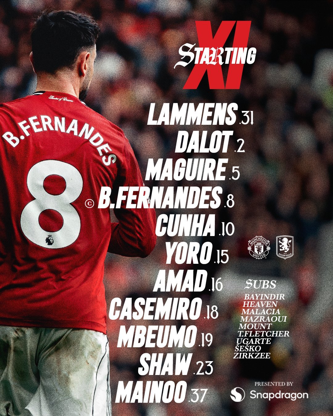 曼联首发：拉门斯，达洛特，约罗，马奎尔，肖，卡塞米罗，梅努，阿马德，B费（C），