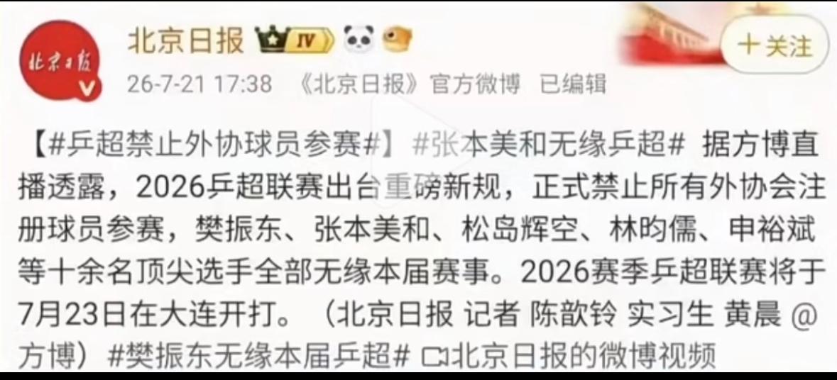 北京日报—把樊振东定性为外协，不够专业！
7月21日北京日报发文，
乒超禁止外协