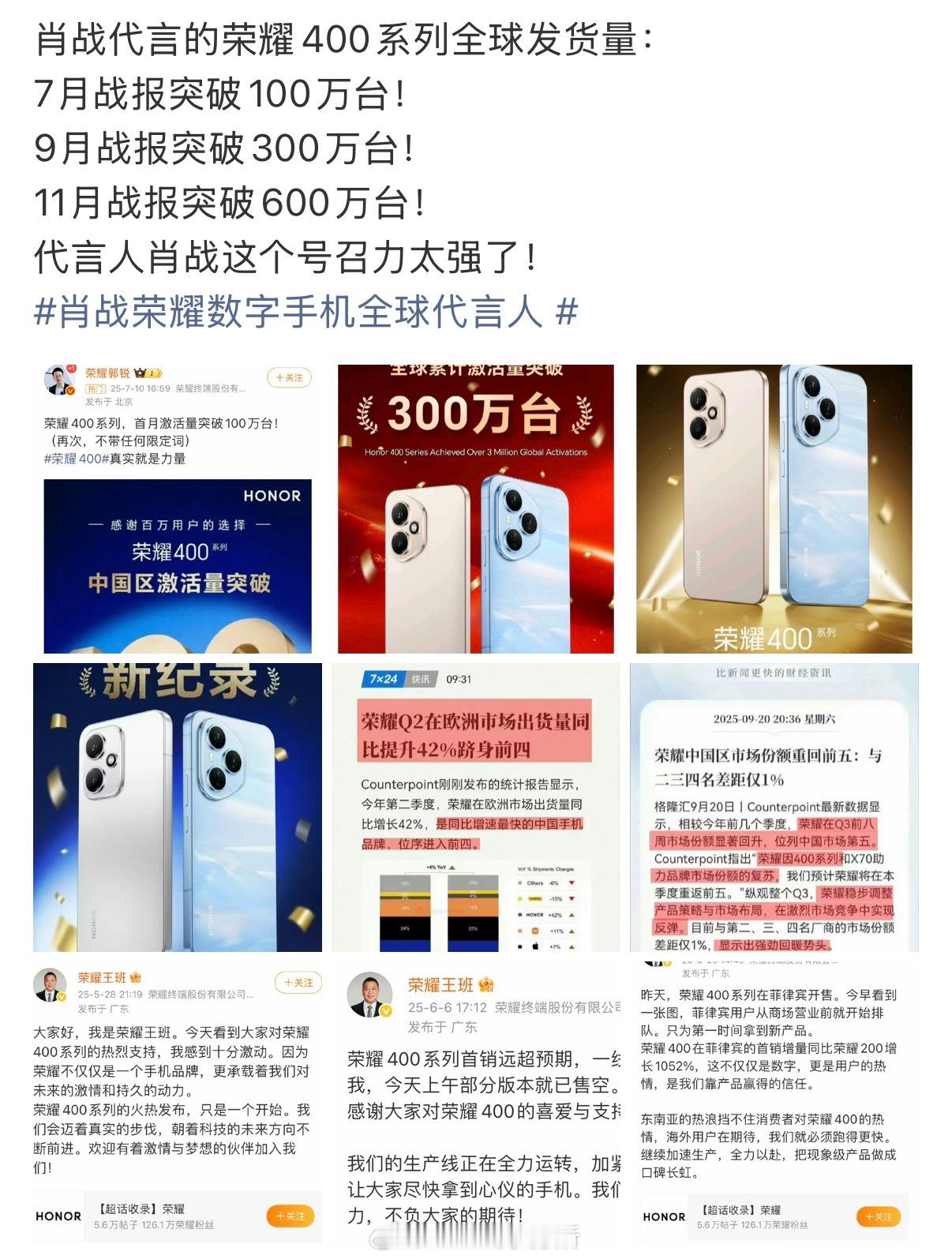 肖战代言荣耀400系列，全球发货量已经突破600万台了，主要是这几个月一直在向上